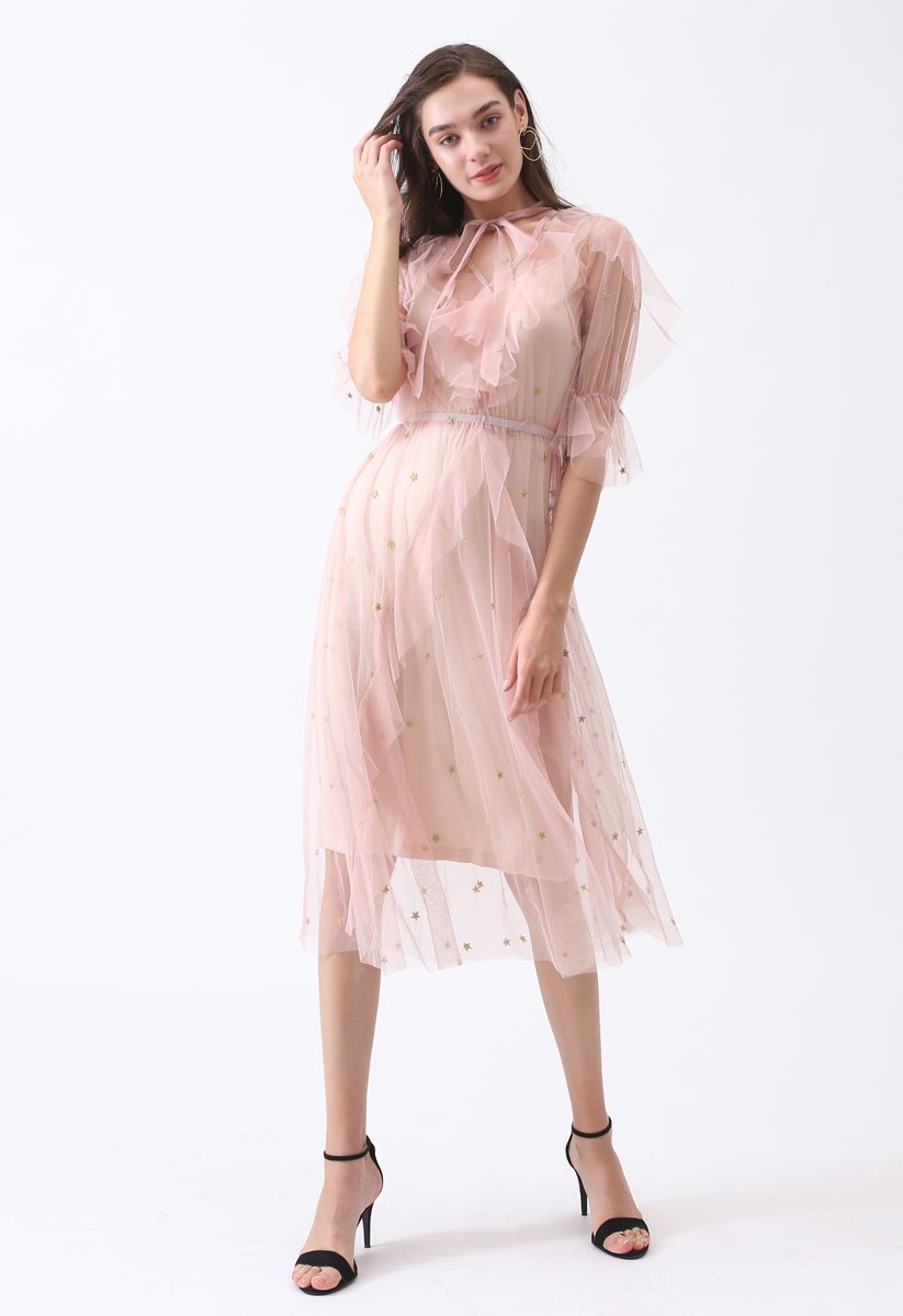 Grasping Stars Tulle Midi Dress in Pink