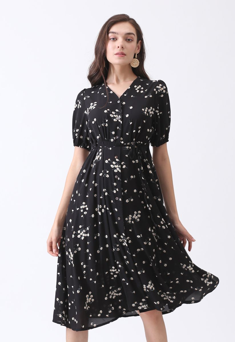 Meet Me In Daisy Field Button Down Dress in Black - Retro, Indie and ...