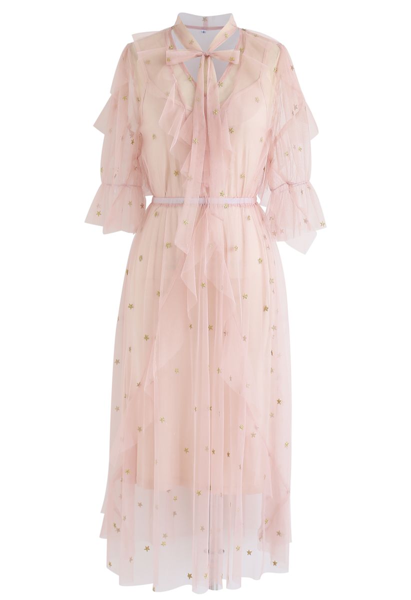 Grasping Stars Tulle Midi Dress in Pink