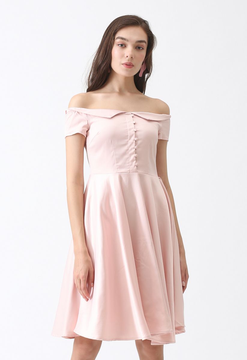 Going Retro Off-Shoulder Midi Dress in Pink