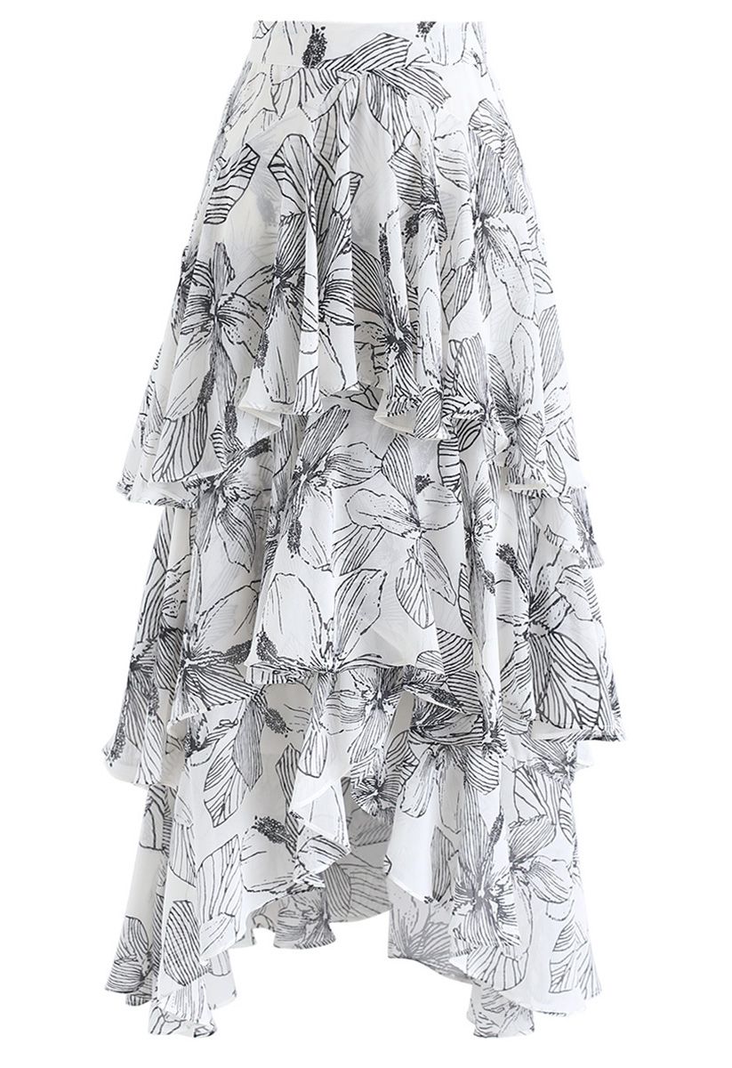 Color of Truth Asymmetric Floral Tiered Ruffle Skirt in Ivory - Retro ...