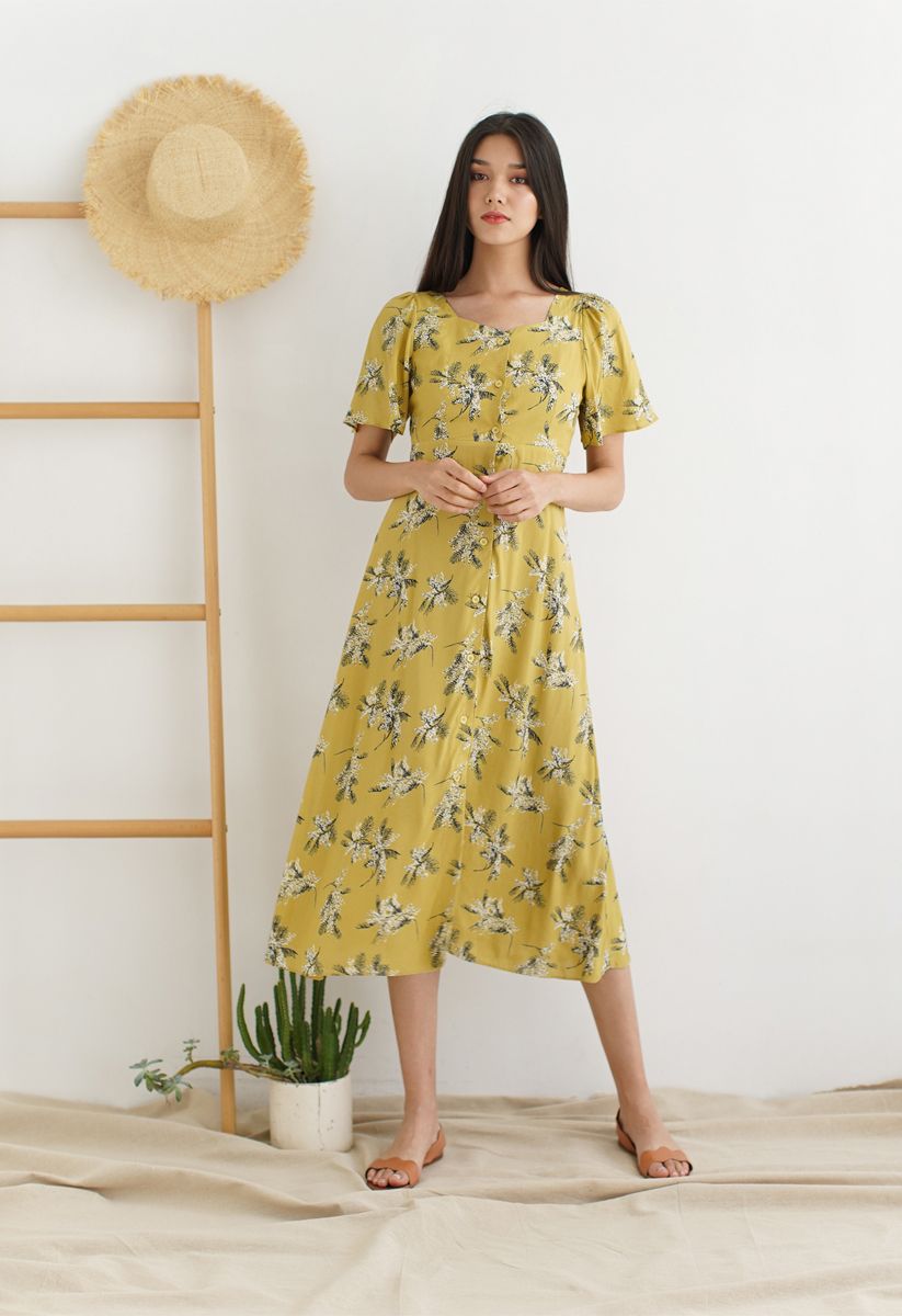 Summer Sunset Open-Back Print Midi Dress in Mustard - Retro, Indie and ...