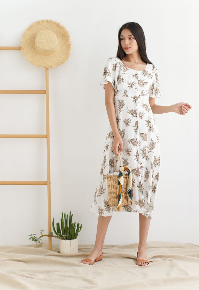 Summer Sunset Open-Back Print Midi Dress in Ivory