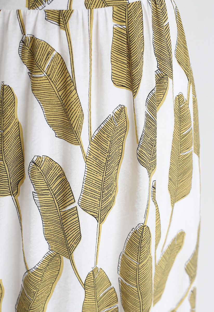 Summer Palm Leaf Print Halter Neck Maxi Dress in Mustard