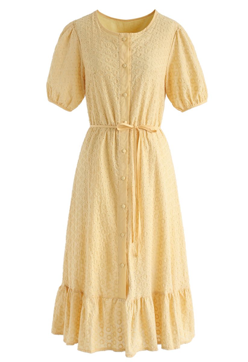 There She Goes Embroidered Button Down Dress in Yellow