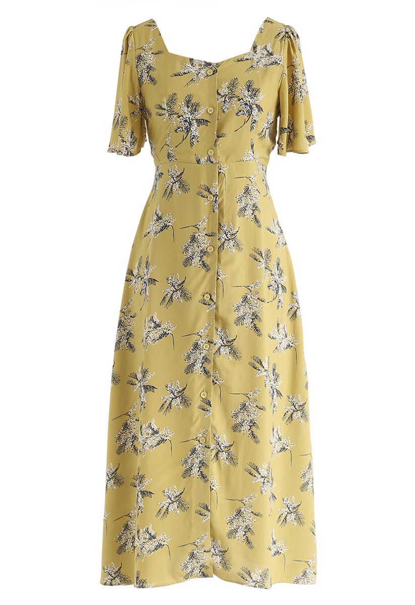 Summer Sunset Open-Back Print Midi Dress in Mustard