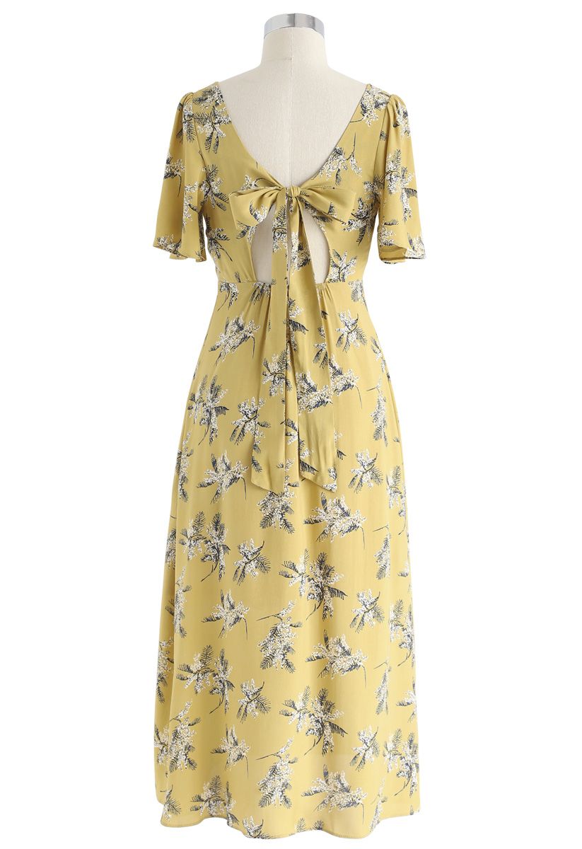 Summer Sunset Open-Back Print Midi Dress in Mustard