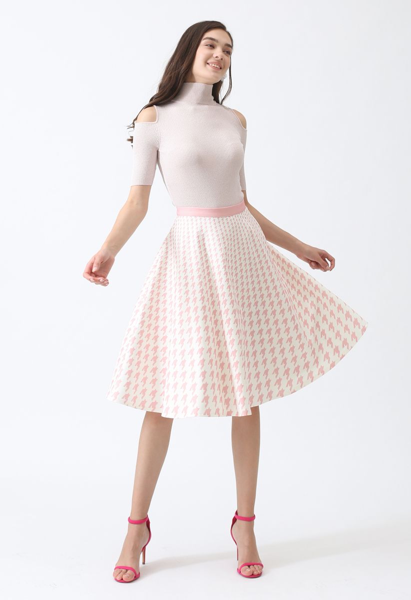 Destination For Houndstooth Midi Skirt in Pink - Retro, Indie and ...