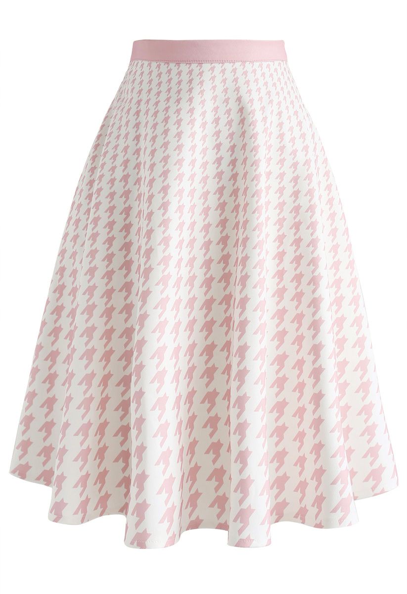 Destination For Houndstooth Midi Skirt in Pink