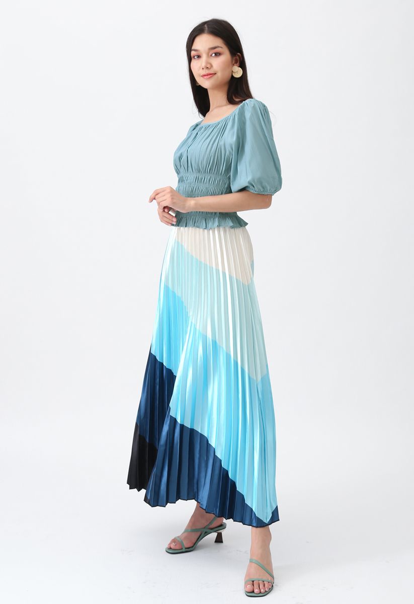 Drama in Color Stripe Pleated Maxi Skirt in Blue