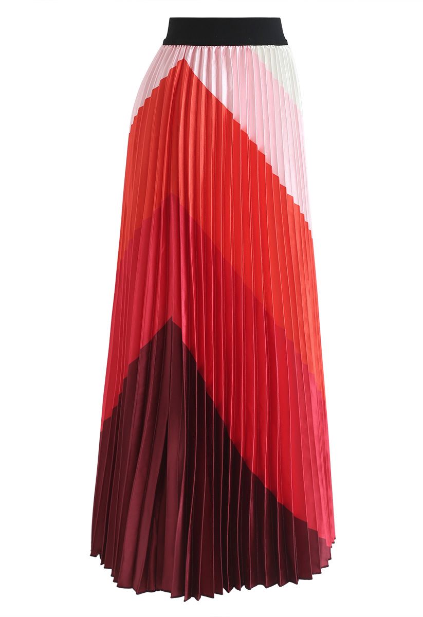 Drama in Color Stripe Pleated Maxi Skirt in Red