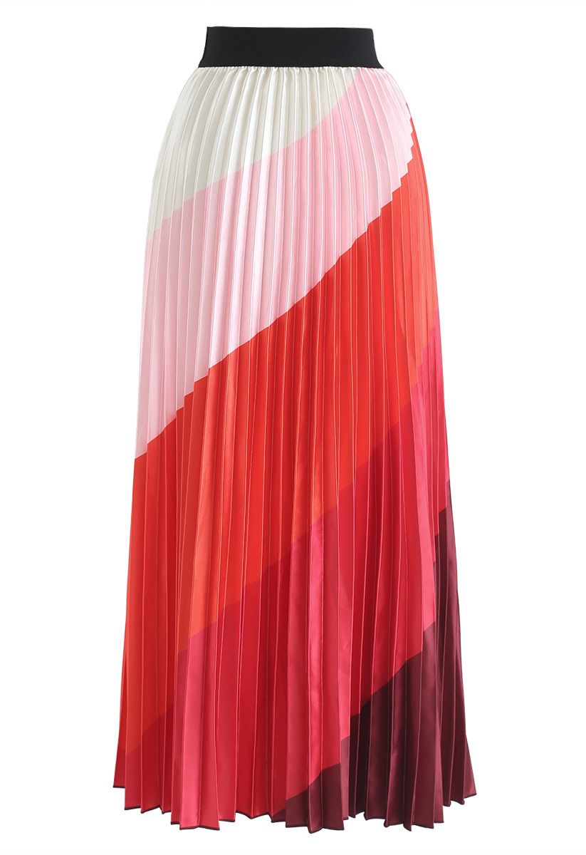 Drama in Color Stripe Pleated Maxi Skirt in Red - Retro, Indie and ...