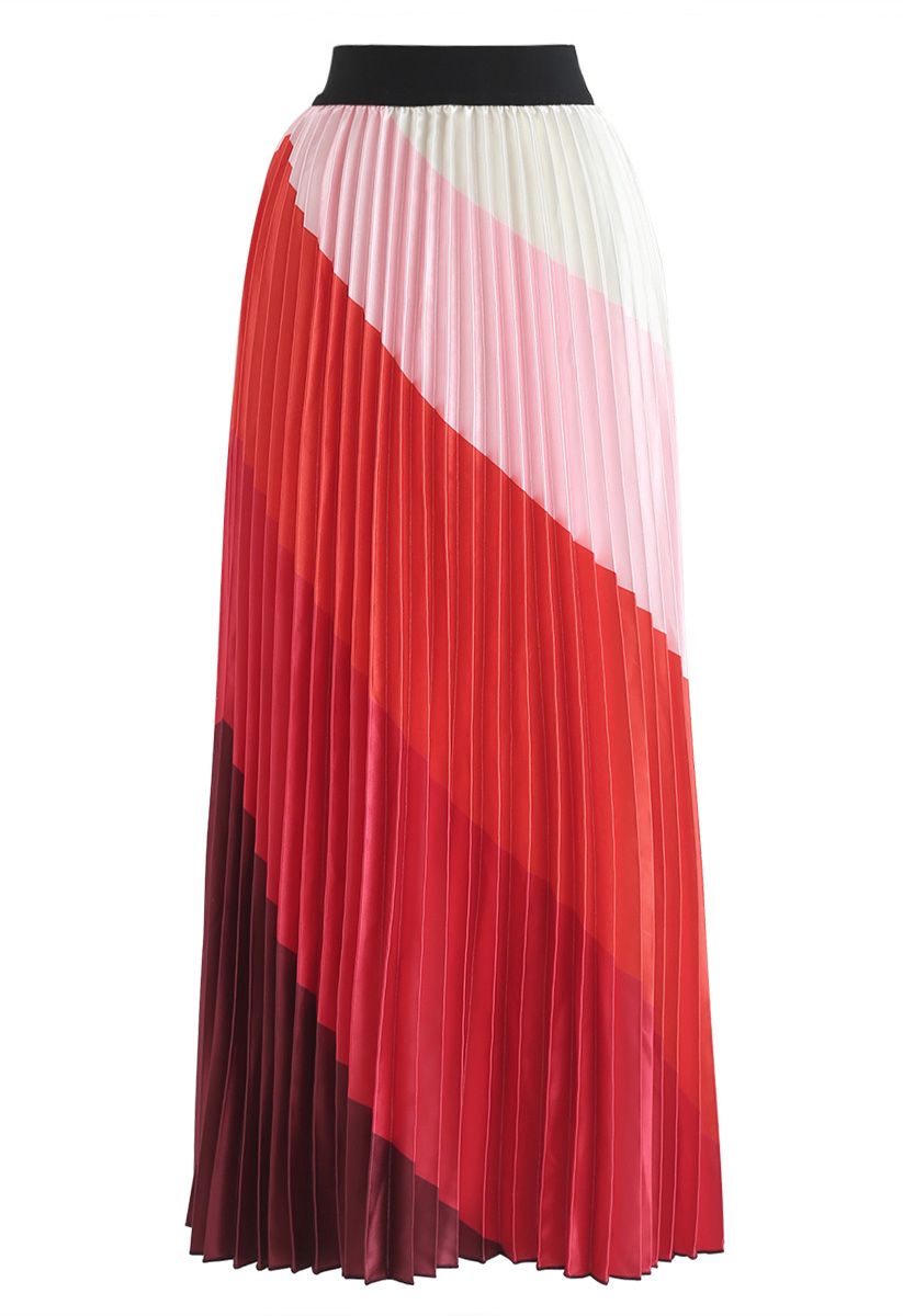 Drama in Color Stripe Pleated Maxi Skirt in Red - Retro, Indie and ...