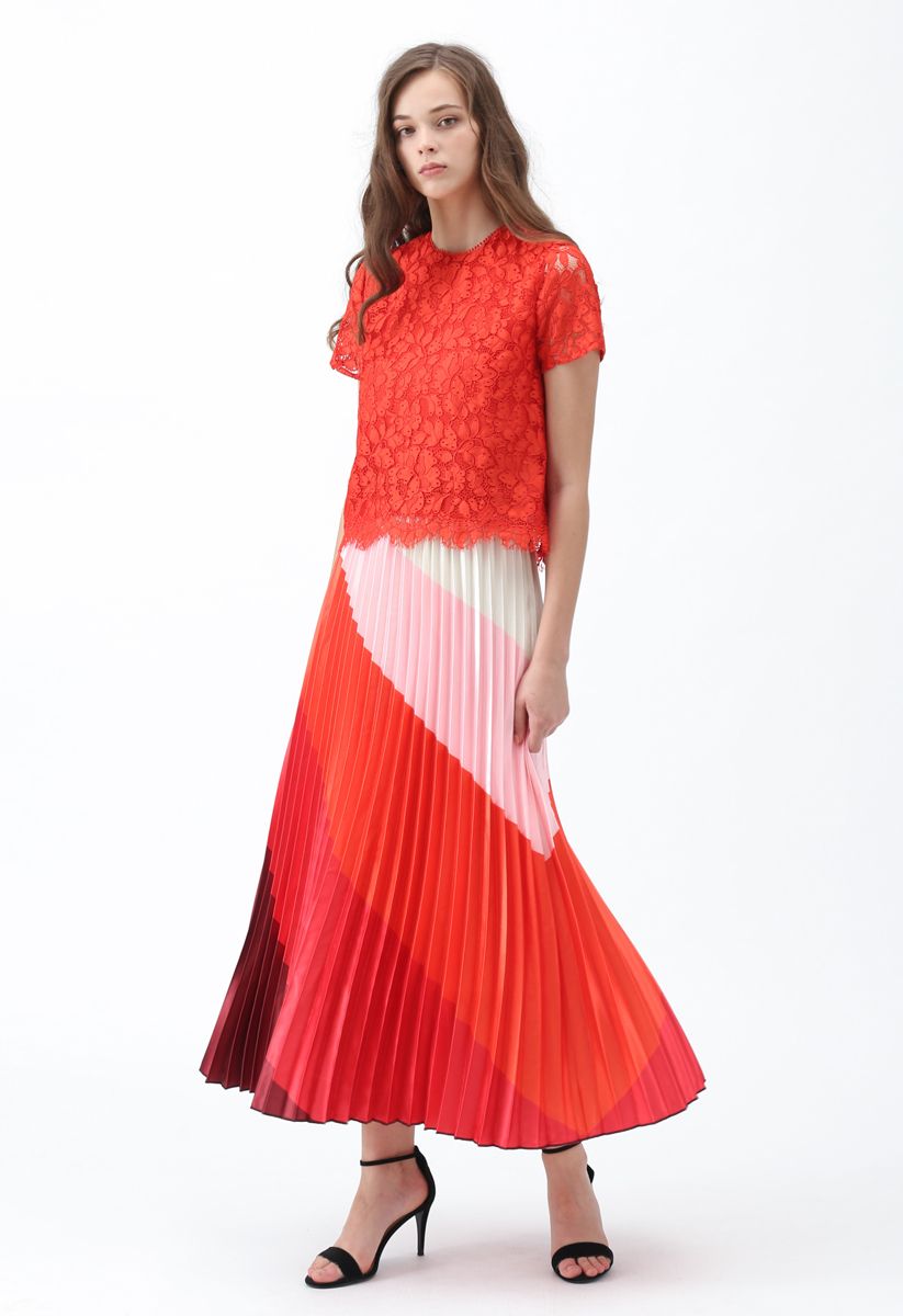 Drama in Color Stripe Pleated Maxi Skirt in Red