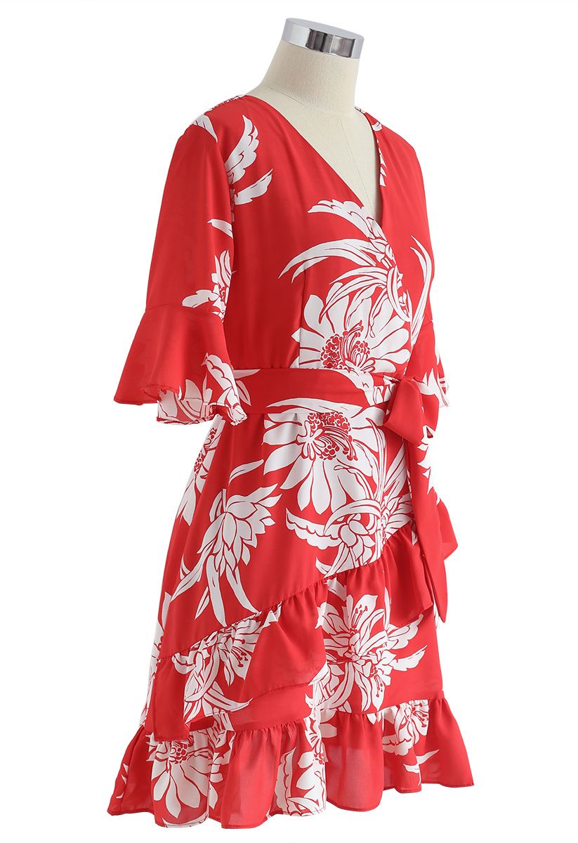 Summer Red Floral Print Ruffle Dress - Retro, Indie and Unique Fashion