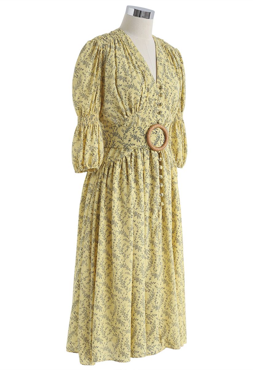 Floret Flowers Belted Midi Dress in Yellow