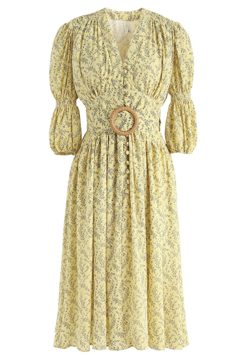 Floret Flowers Belted Midi Dress in Yellow
