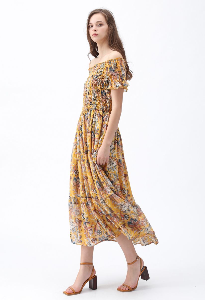 Vintage Floral Off-Shoulder Chiffon Maxi Dress - Retro, Indie and ...