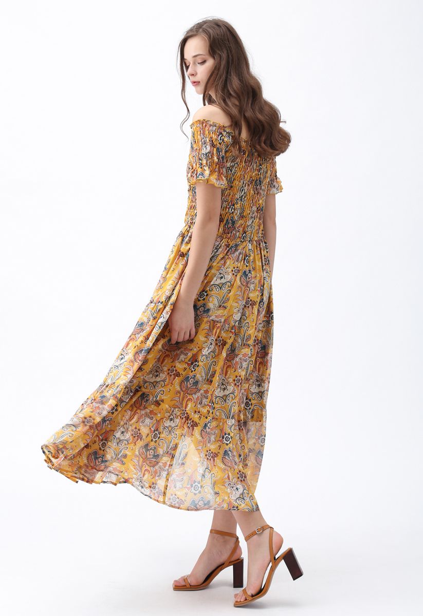 Vintage Floral Off-Shoulder Chiffon Maxi Dress