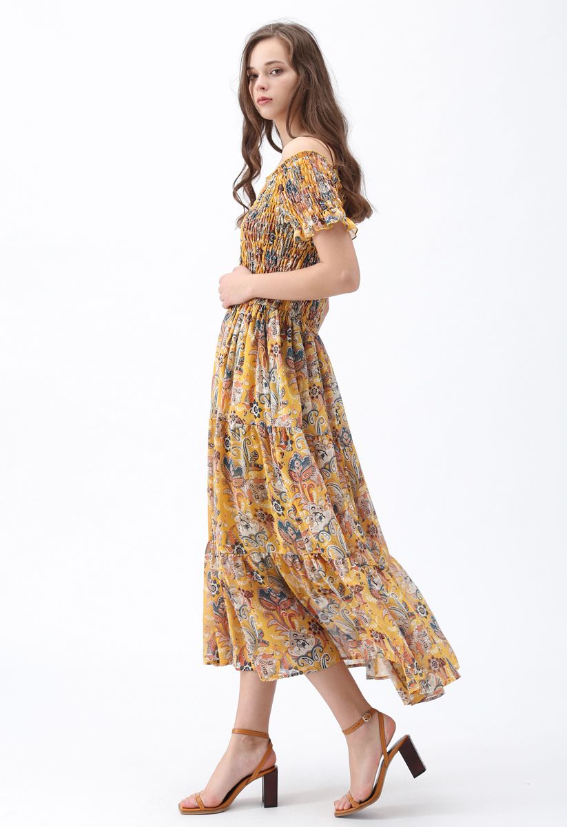 Vintage Floral Off-Shoulder Chiffon Maxi Dress - Retro, Indie and ...