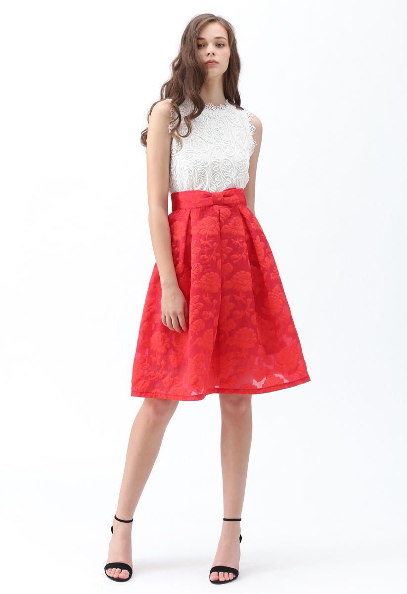 Rose Garden Bowknot Pleated Skirt in Red - Retro, Indie and Unique Fashion