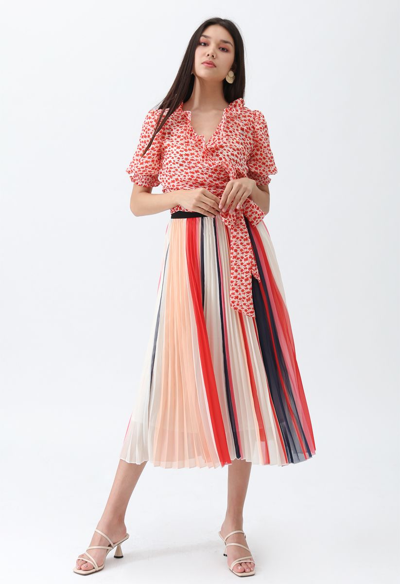 Contrasted Color Stripes Pleated Midi Skirt in Red