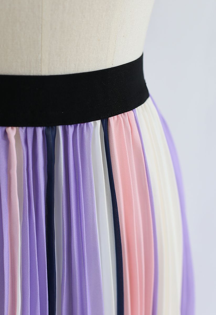 Contrasted Color Stripes Pleated Midi Skirt in Purple