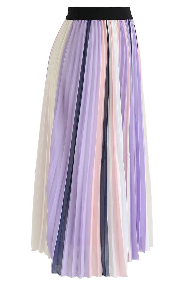 Contrasted Color Stripes Pleated Midi Skirt in Purple