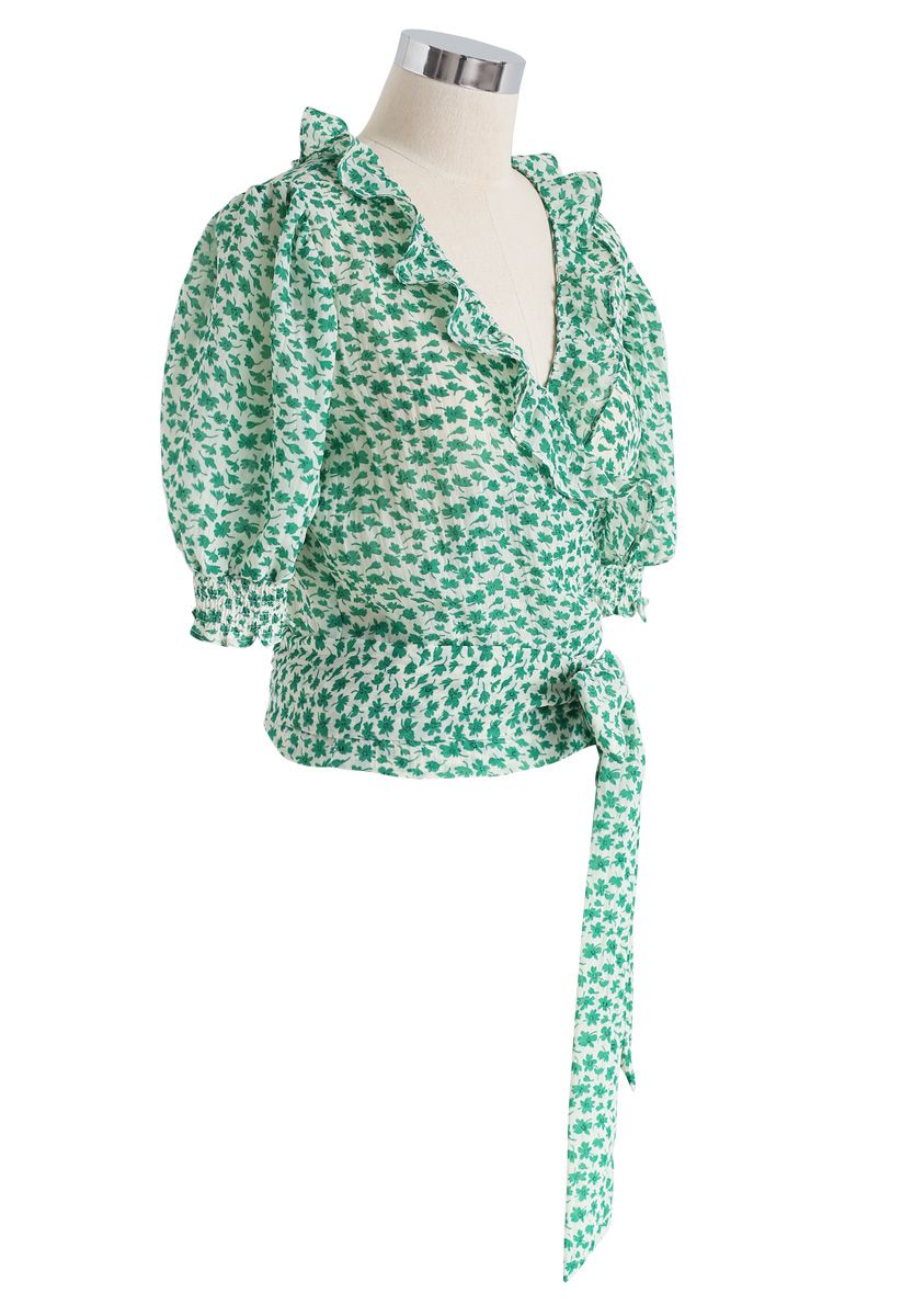 Tie Up a Bowknot Floret Wrapped Top in Green