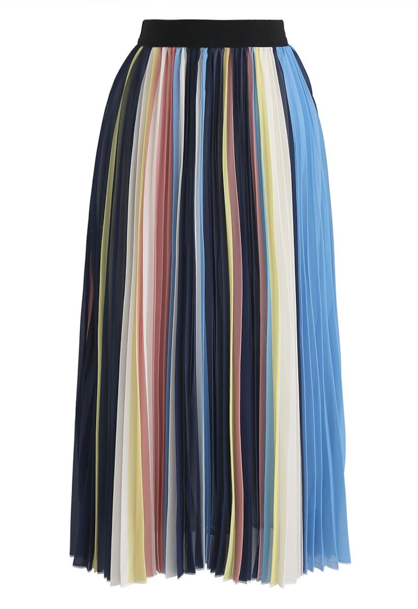 Contrasted Color Stripes Pleated Midi Skirt in Blue