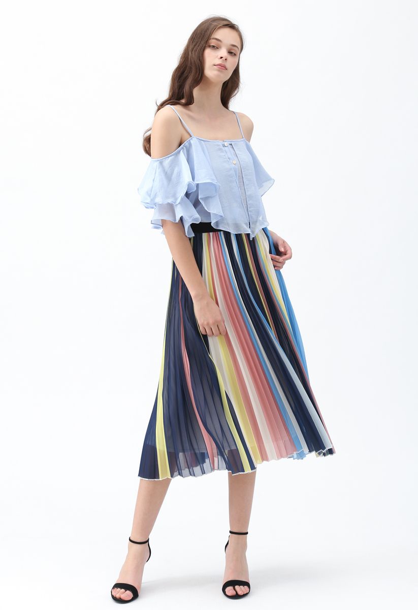 Contrasted Color Stripes Pleated Midi Skirt in Blue