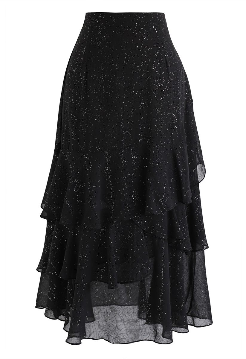 Glitter Shine Ruffle Midi Skirt in Black