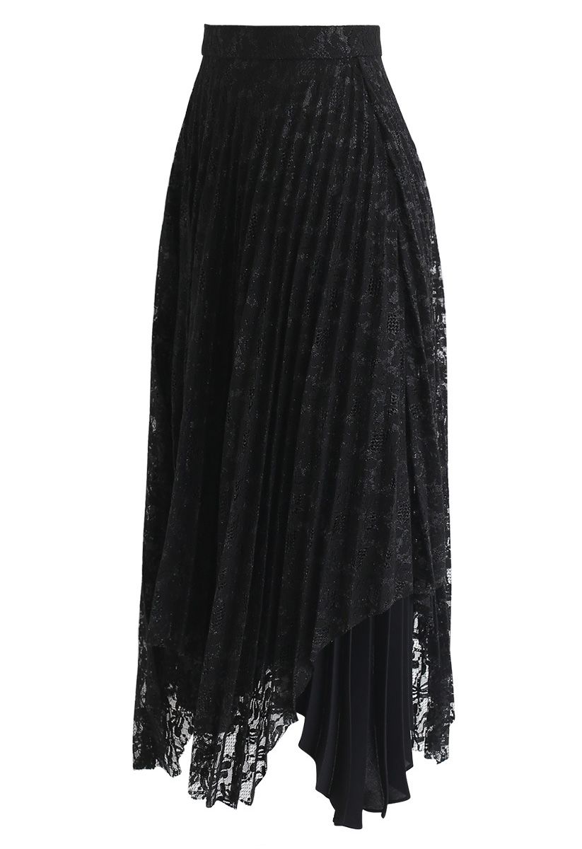 Lacy Romance Asymmetric Midi Skirt in Black