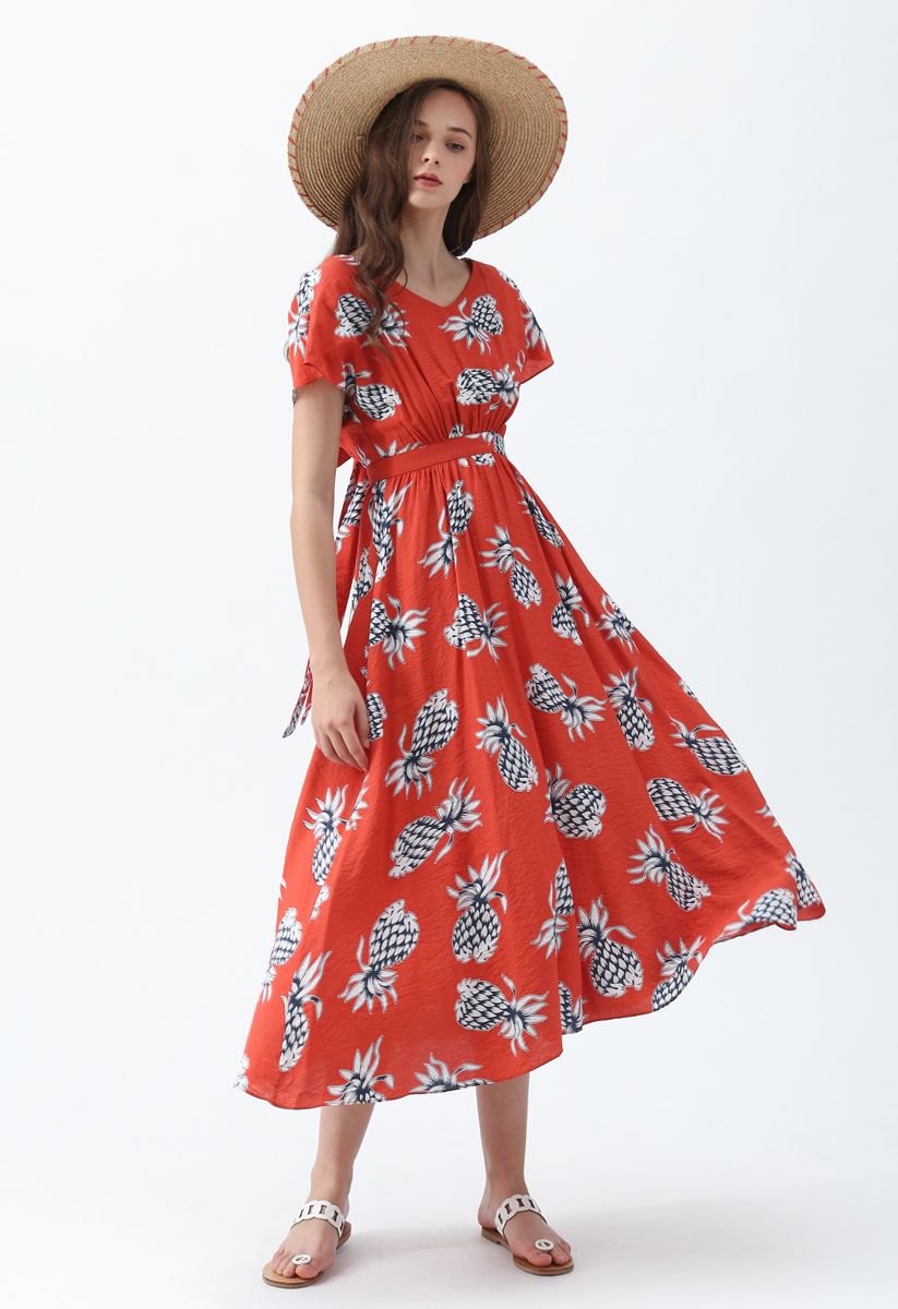 Joyful Pineapple Printed Asymmetric Maxi Dress in Red