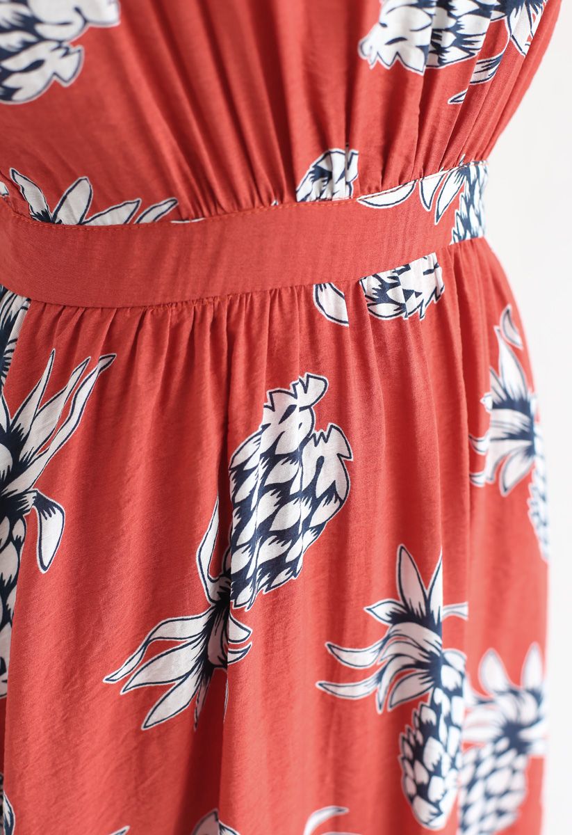 Joyful Pineapple Printed Asymmetric Maxi Dress in Red