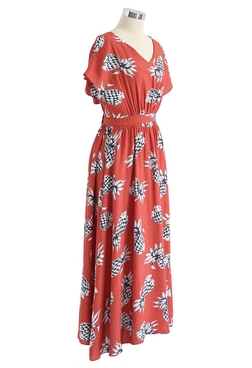 Joyful Pineapple Printed Asymmetric Maxi Dress in Red - Retro, Indie ...