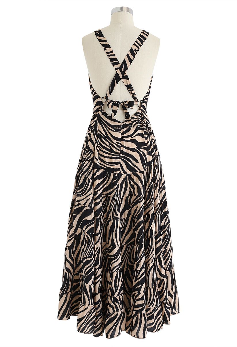 Zebra-Stripe Open Back Maxi Dress in Caramel - Retro, Indie and Unique ...