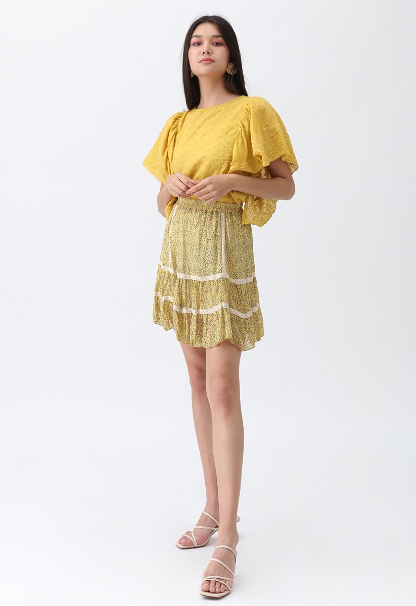 Swinging Frilling Eyelet Embroidered Top in Yellow