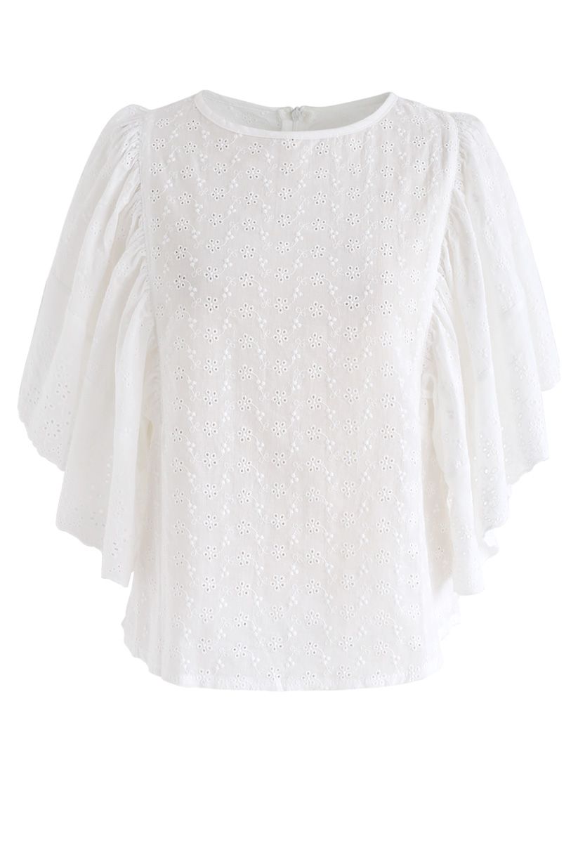 Swinging Frilling Eyelet Embroidered Top in White - Retro, Indie and ...