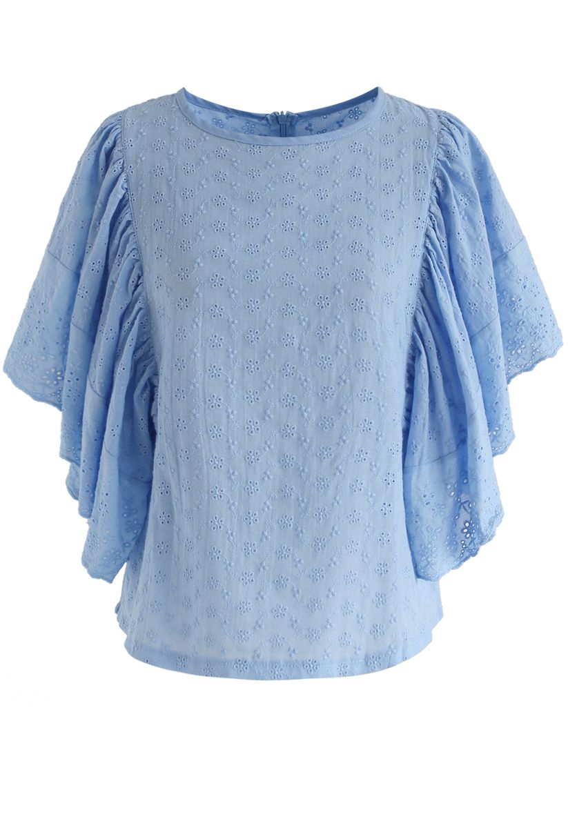 Swinging Frilling Eyelet Embroidered Top in Blue - Retro, Indie and ...