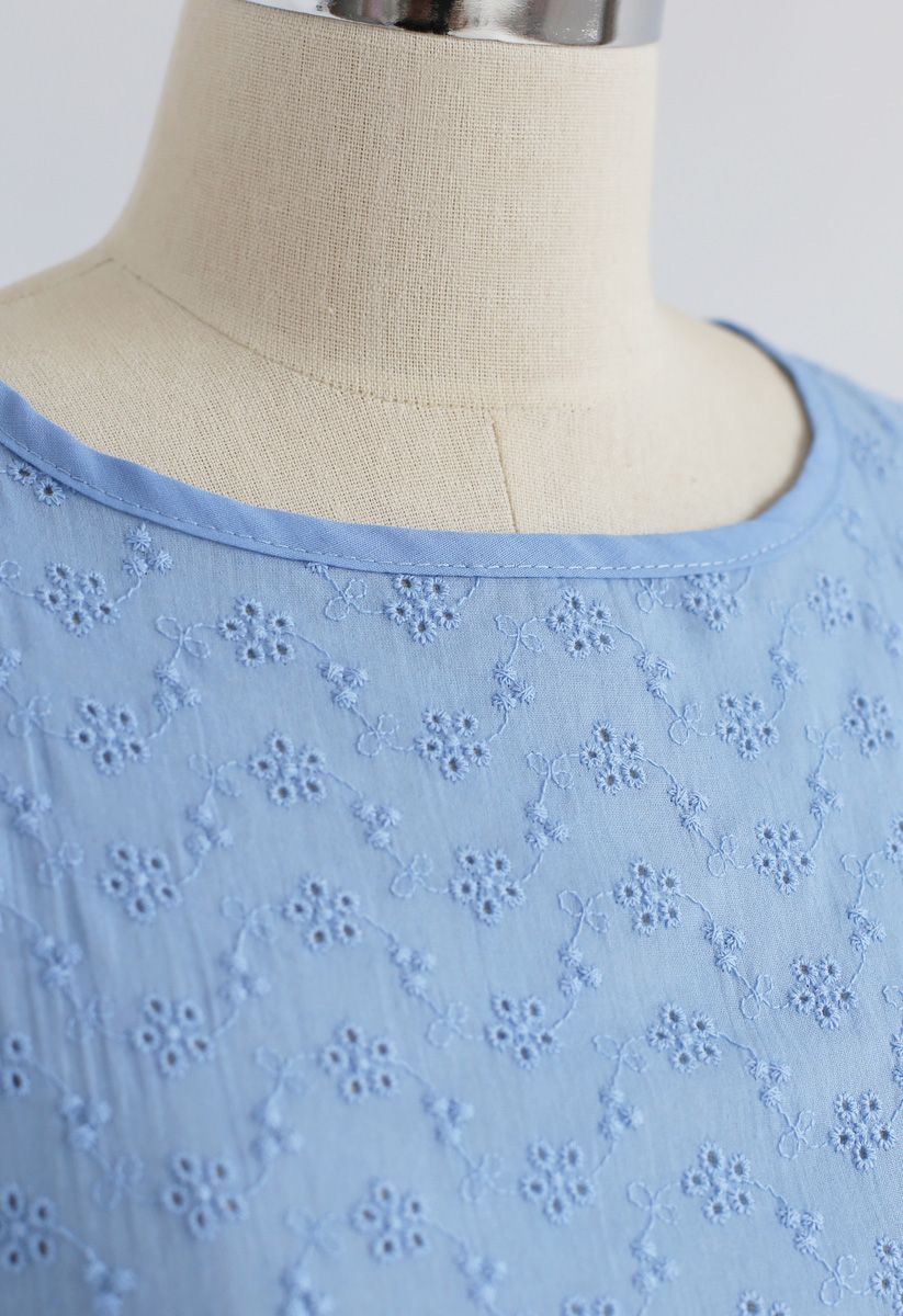 Swinging Frilling Eyelet Embroidered Top in Blue