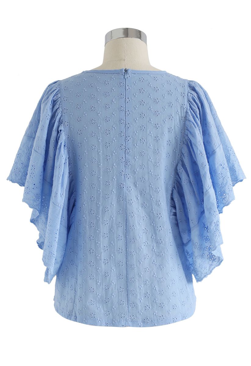 Swinging Frilling Eyelet Embroidered Top in Blue