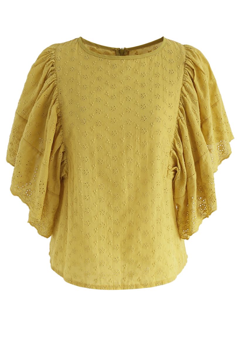 Swinging Frilling Eyelet Embroidered Top in Yellow - Retro, Indie and ...