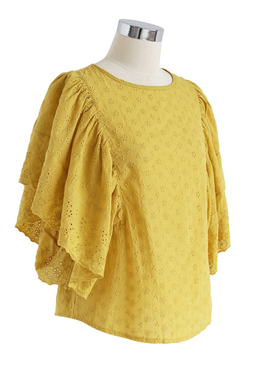 Swinging Frilling Eyelet Embroidered Top in Yellow