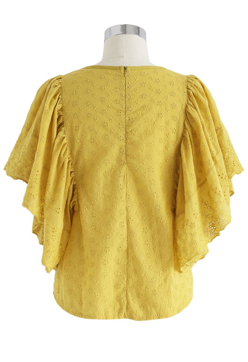 Swinging Frilling Eyelet Embroidered Top in Yellow - Retro, Indie and ...