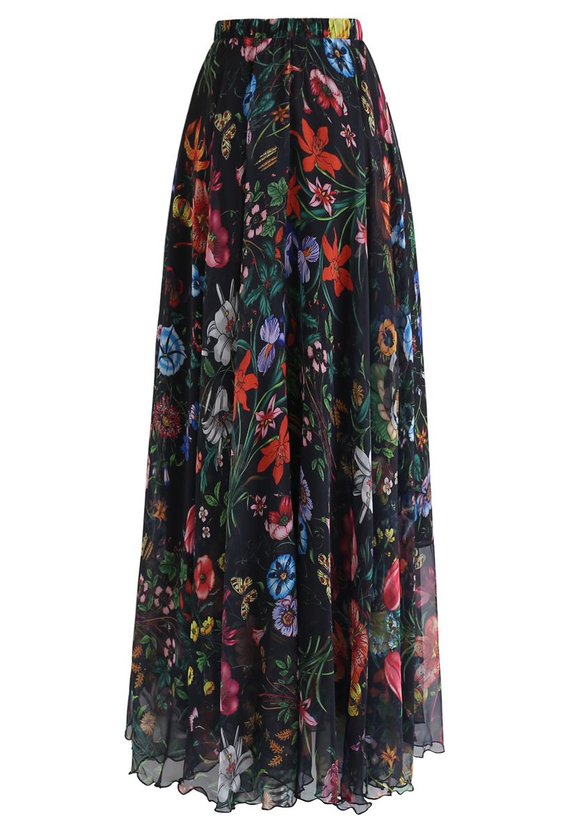 Tropical Flowering Watercolor Maxi Skirt in Black - Retro, Indie and ...