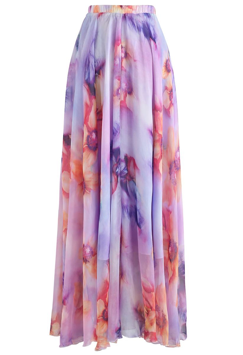 Blooming Flowers Watercolor Maxi Skirt in Lilac - Retro, Indie and ...