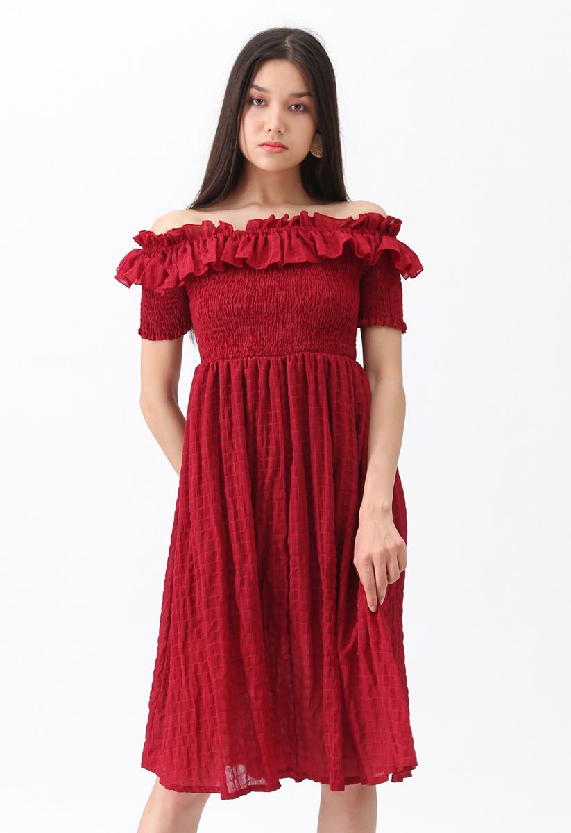 Sunday Afternoon Off-Shoulder Pleated Dress in Red