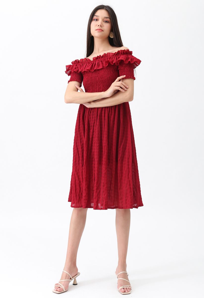Sunday Afternoon Off-Shoulder Pleated Dress in Red