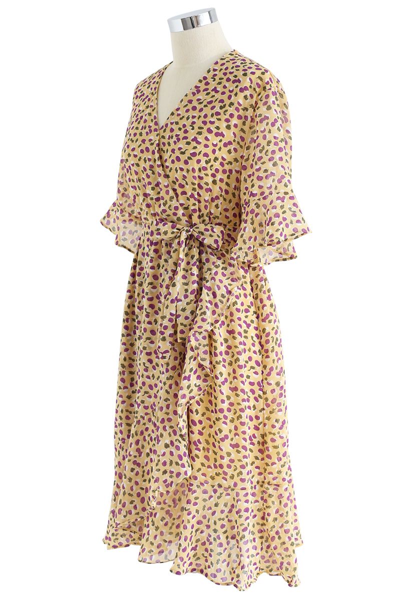 Cheerful Cherry Printed Ruffle Wrap Dress in Yellow - Retro, Indie and ...